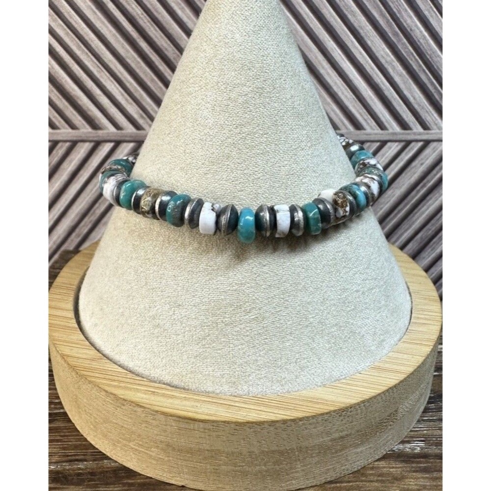 Sterling Silver Desert Pearls & Heshi Wild Horse/Turquoise Stretch Bracelet 6.5